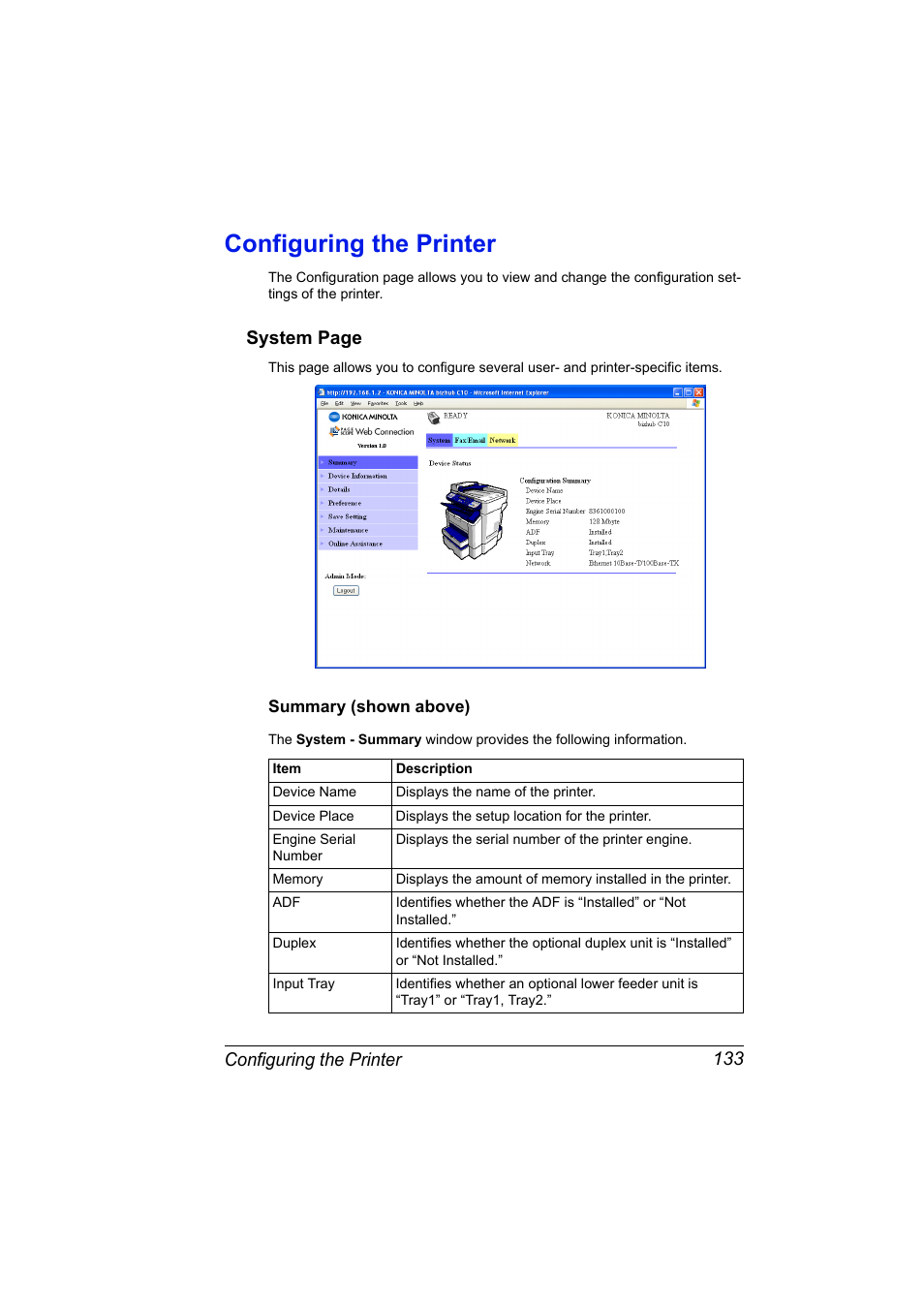 Configuring the printer, Summary (shown above), Configuring the printer 133 | Summary (shown above) 133, System page | Konica Minolta bizhub C10X User Manual | Page 143 / 198