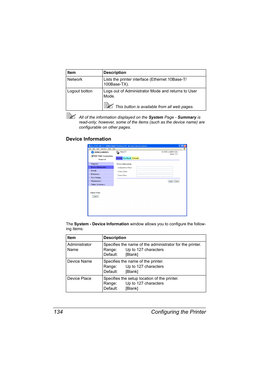 Device information, Device information 134, Configuring the printer 134 | Konica Minolta bizhub C10X User Manual | Page 144 / 198