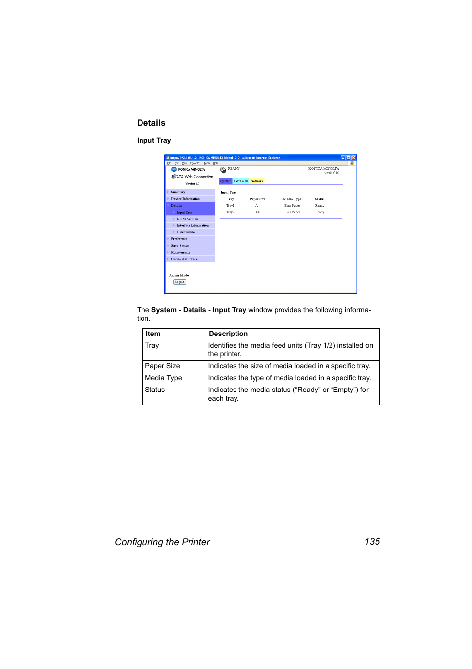 Details, Details 135, Configuring the printer 135 | Konica Minolta bizhub C10X User Manual | Page 145 / 198