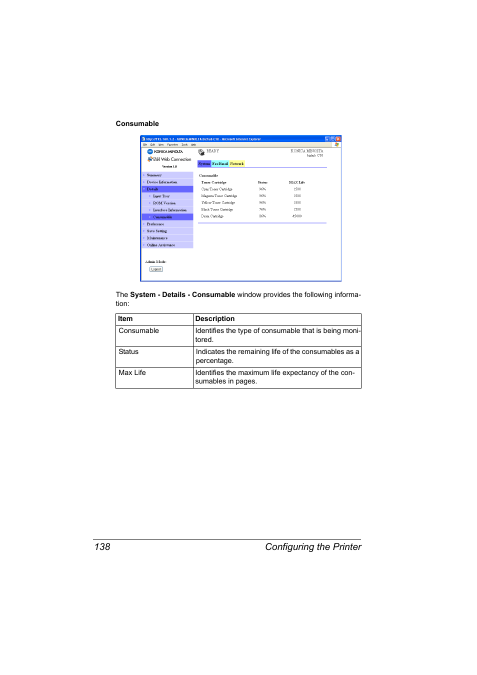 Configuring the printer 138 | Konica Minolta bizhub C10X User Manual | Page 148 / 198