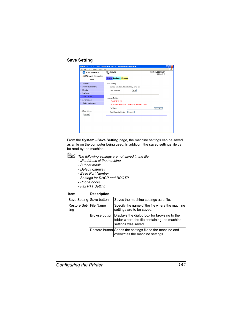 Save setting, Save setting 141 | Konica Minolta bizhub C10X User Manual | Page 151 / 198