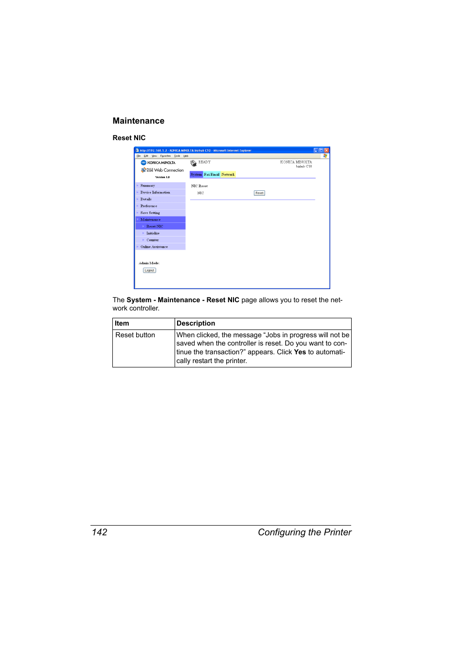 Maintenance, Maintenance 142, Configuring the printer 142 | Konica Minolta bizhub C10X User Manual | Page 152 / 198