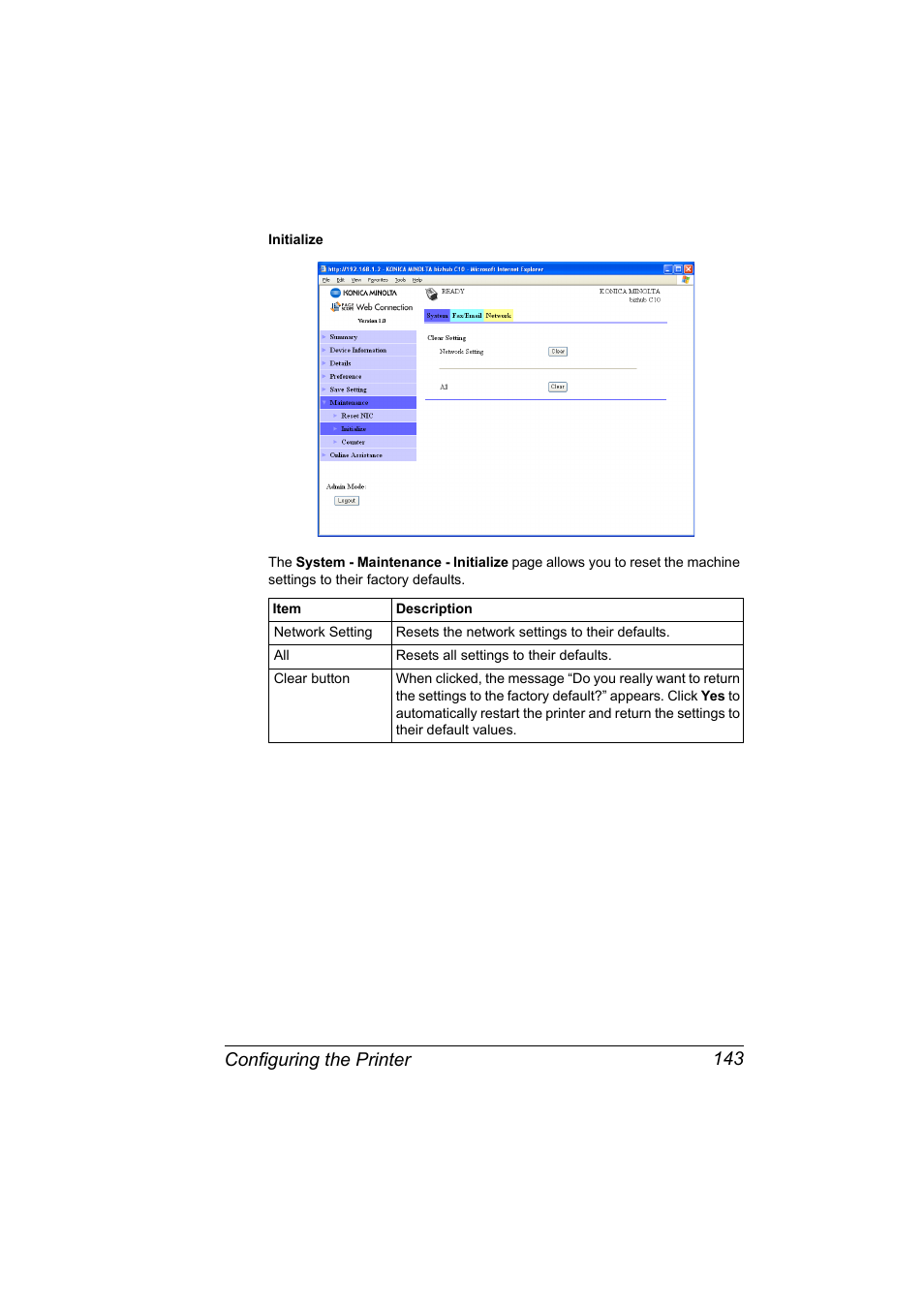 Configuring the printer 143 | Konica Minolta bizhub C10X User Manual | Page 153 / 198