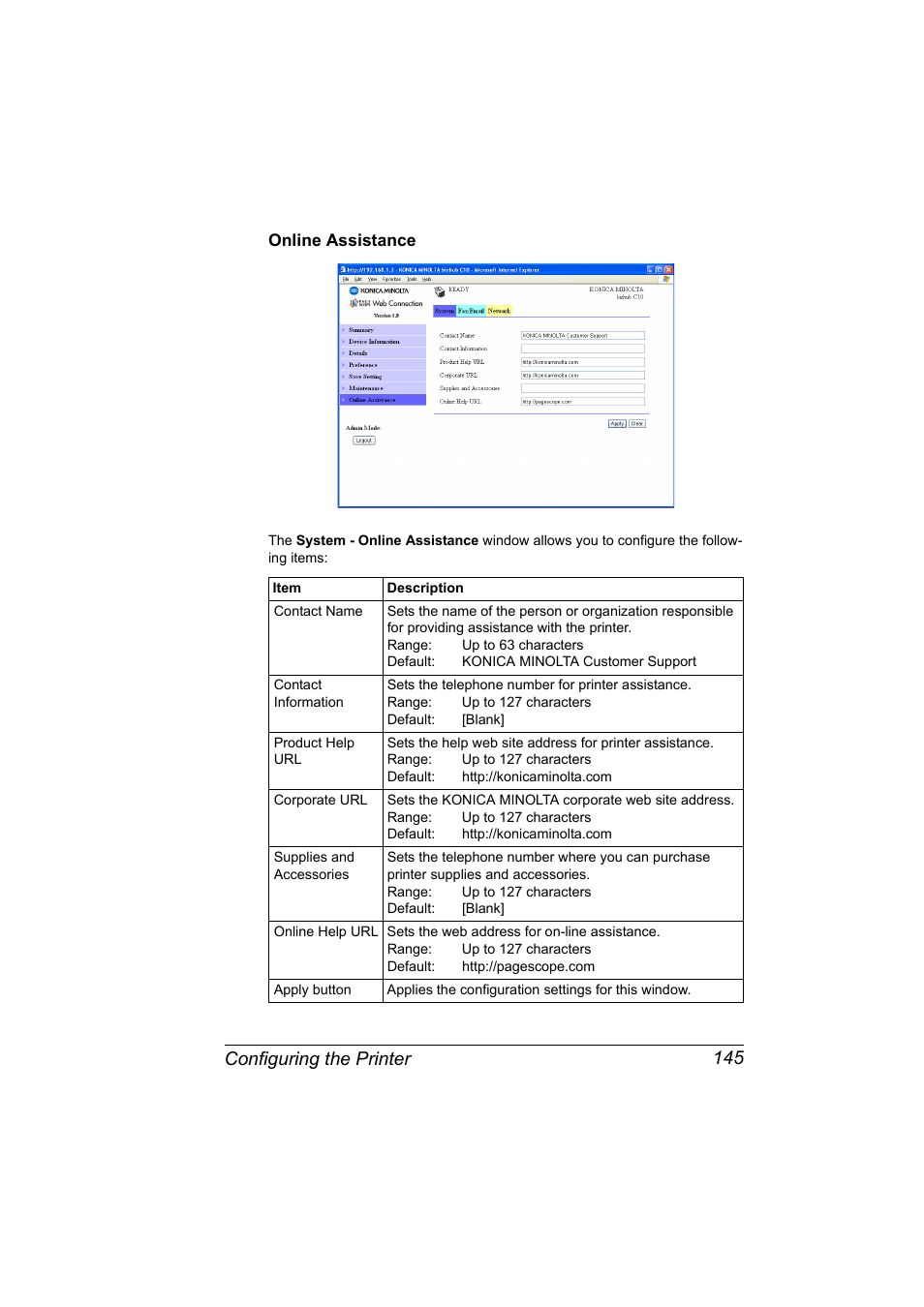 Online assistance, Online assistance 145, Configuring the printer 145 | Konica Minolta bizhub C10X User Manual | Page 155 / 198