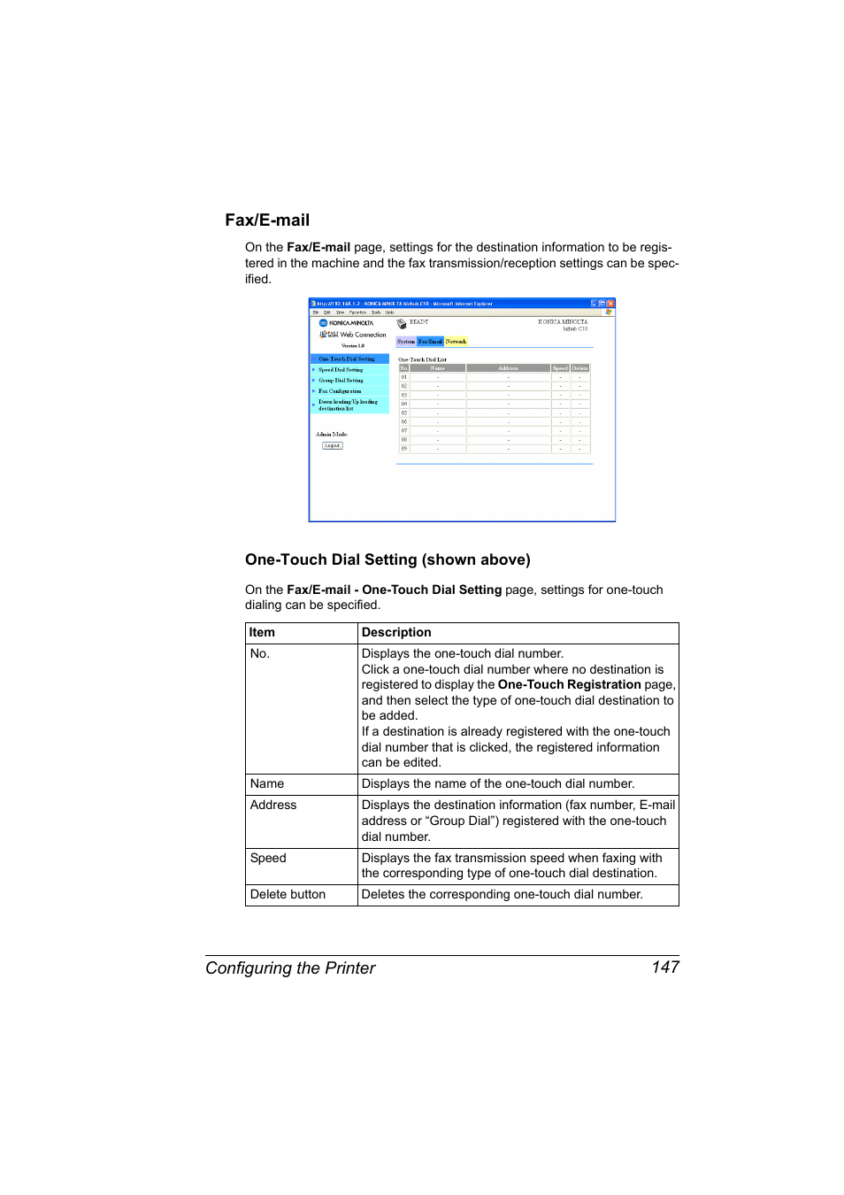 Fax/e-mail, One-touch dial setting (shown above), Fax/e-mail 147 | One-touch dial setting (shown above) 147, Configuring the printer 147 fax/e-mail | Konica Minolta bizhub C10X User Manual | Page 157 / 198