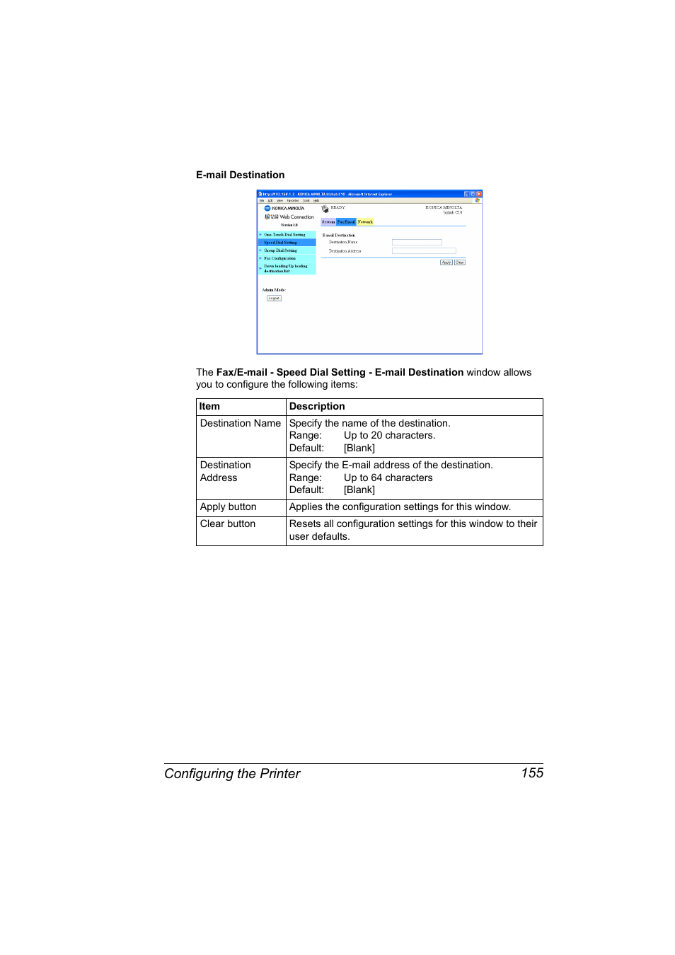 Configuring the printer 155 | Konica Minolta bizhub C10X User Manual | Page 165 / 198