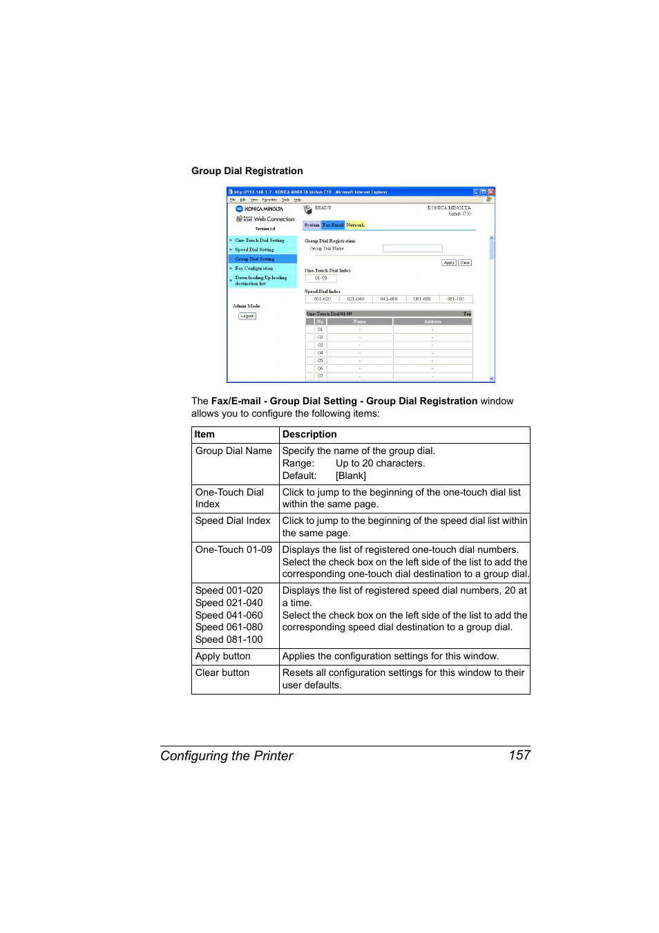 Configuring the printer 157 | Konica Minolta bizhub C10X User Manual | Page 167 / 198