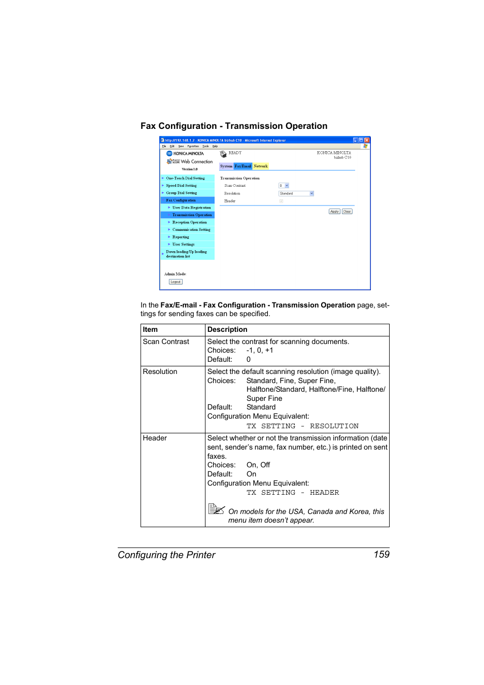 Fax configuration - transmission operation, Fax configuration - transmission operation 159, Configuring the printer 159 | Konica Minolta bizhub C10X User Manual | Page 169 / 198