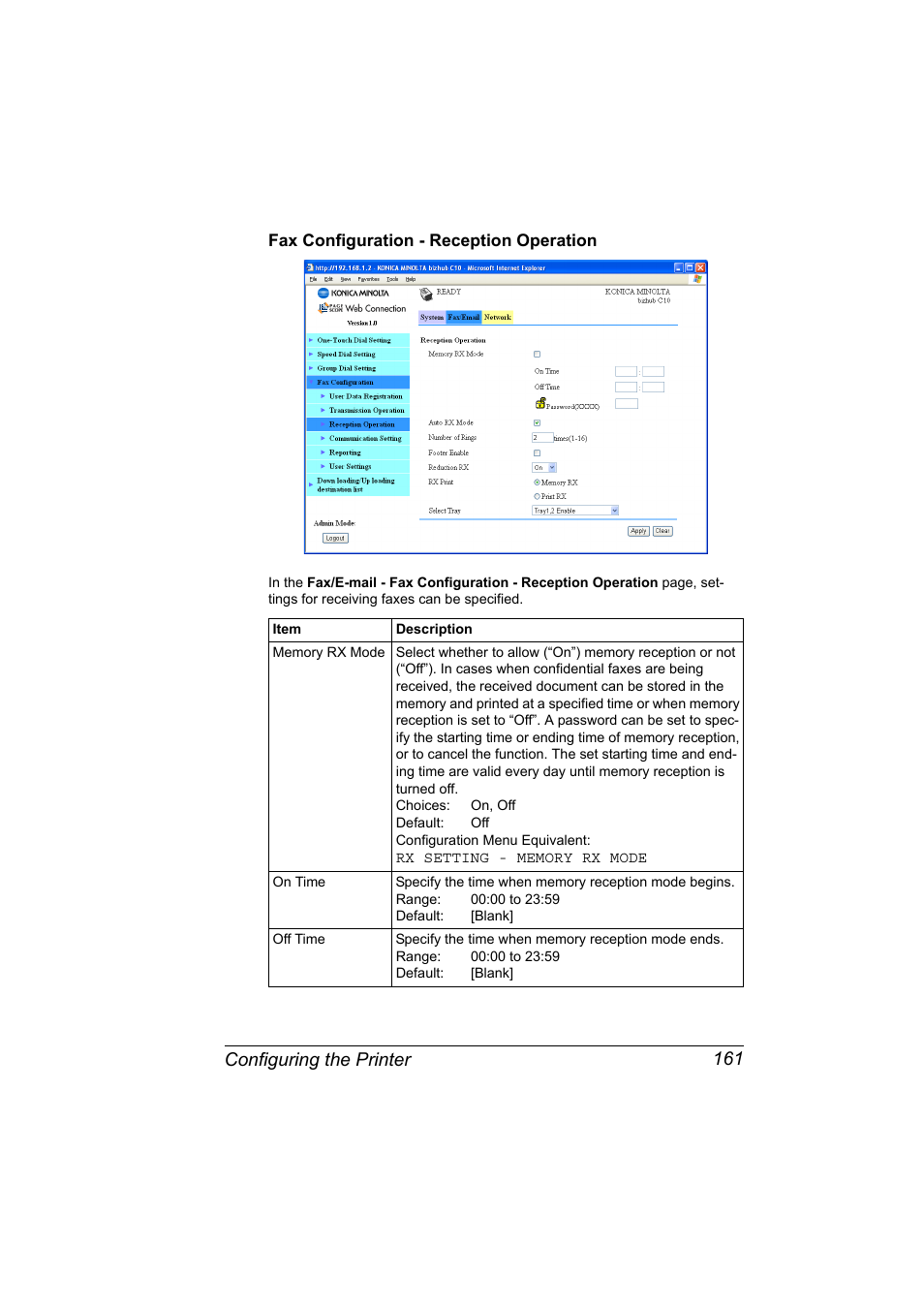 Fax configuration - reception operation, Fax configuration - reception operation 161, Configuring the printer 161 | Konica Minolta bizhub C10X User Manual | Page 171 / 198