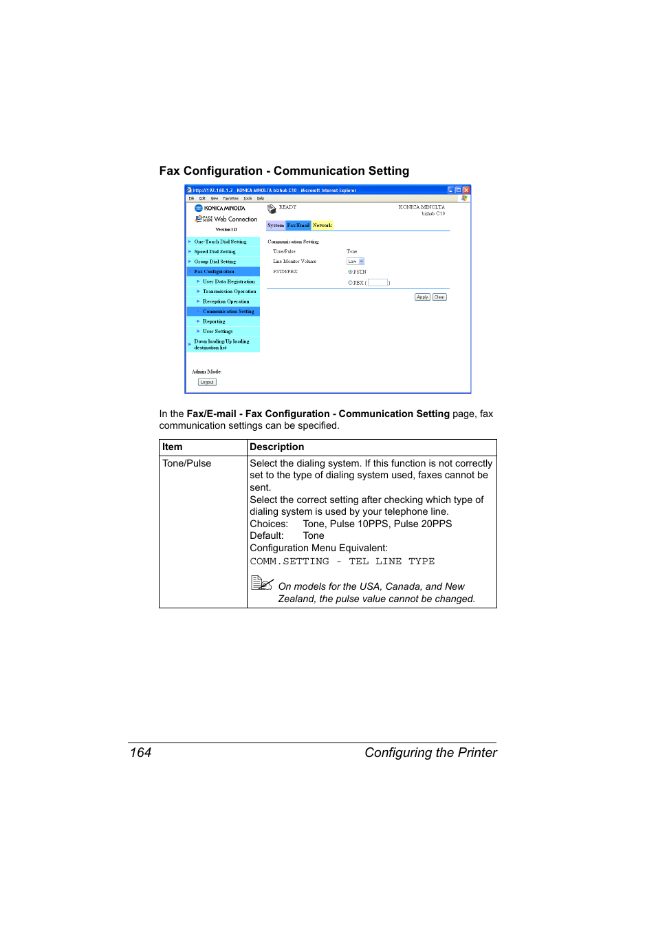 Fax configuration - communication setting, Fax configuration - communication setting 164 | Konica Minolta bizhub C10X User Manual | Page 174 / 198