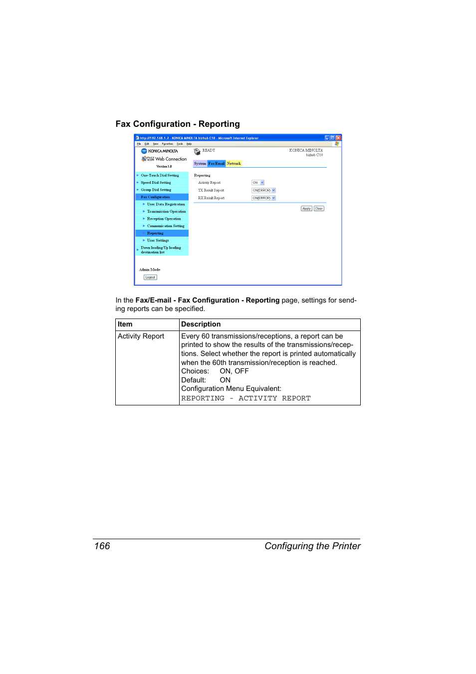 Fax configuration - reporting, Fax configuration - reporting 166, Configuring the printer 166 | Konica Minolta bizhub C10X User Manual | Page 176 / 198