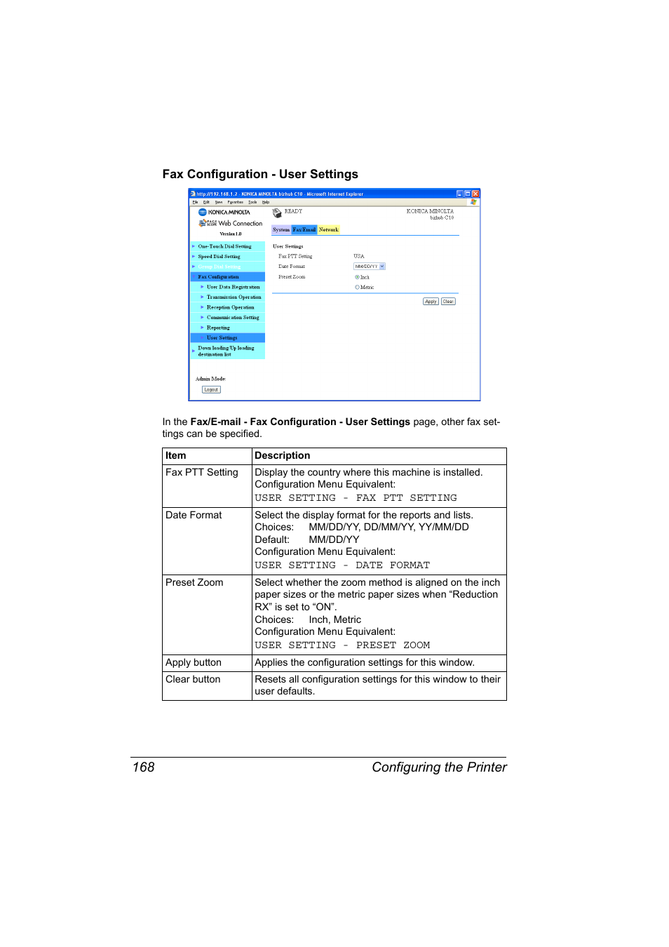 Fax configuration - user settings, Fax configuration - user settings 168, Configuring the printer 168 | Konica Minolta bizhub C10X User Manual | Page 178 / 198