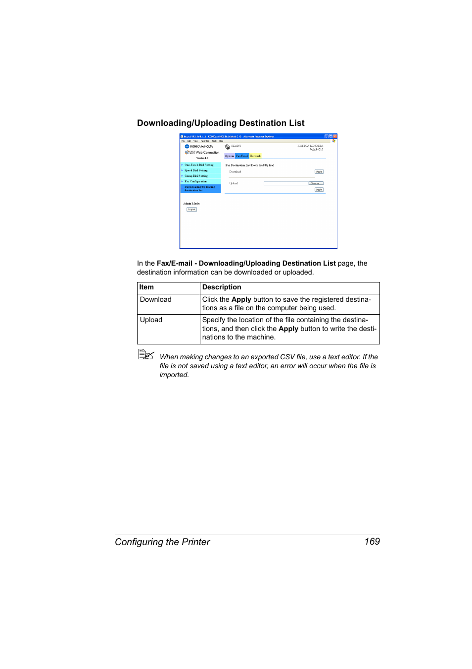 Downloading/uploading destination list, Downloading/uploading destination list 169 | Konica Minolta bizhub C10X User Manual | Page 179 / 198