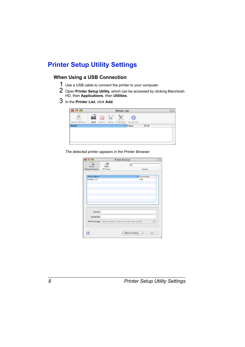 Printer setup utility settings, When using a usb connection, Printer setup utility settings 8 | When using a usb connection 8 | Konica Minolta bizhub C10X User Manual | Page 18 / 198