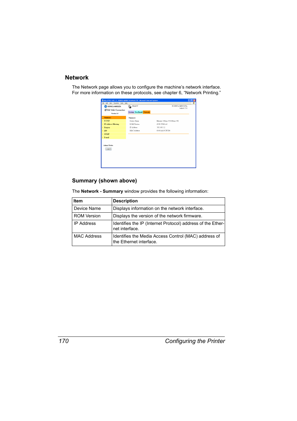 Network, Summary (shown above), Network 170 | Summary (shown above) 170, Configuring the printer 170 network | Konica Minolta bizhub C10X User Manual | Page 180 / 198