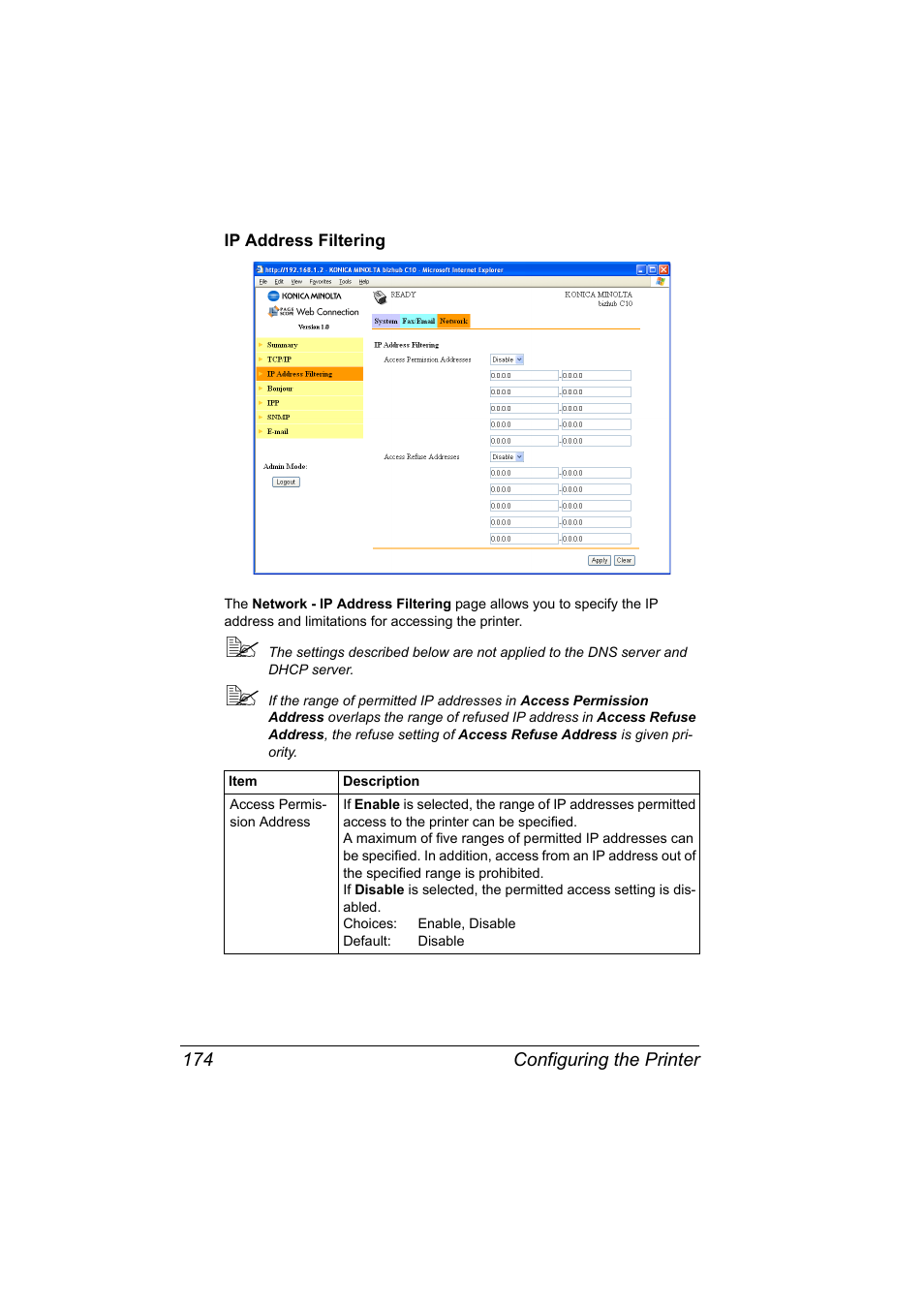 Ip address filtering, Ip address filtering 174 | Konica Minolta bizhub C10X User Manual | Page 184 / 198