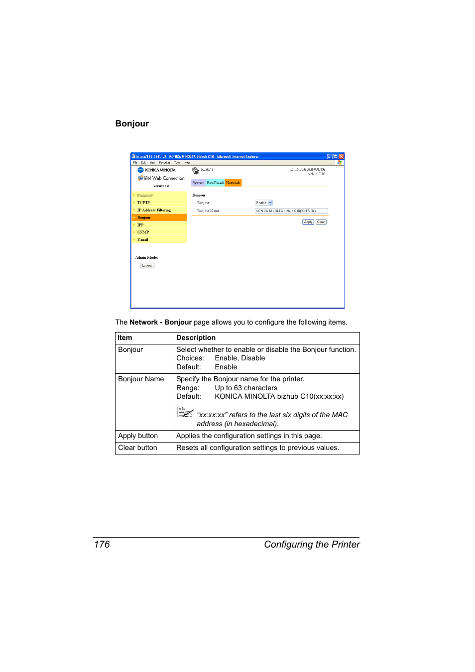 Bonjour, Bonjour 176, Configuring the printer 176 | Konica Minolta bizhub C10X User Manual | Page 186 / 198