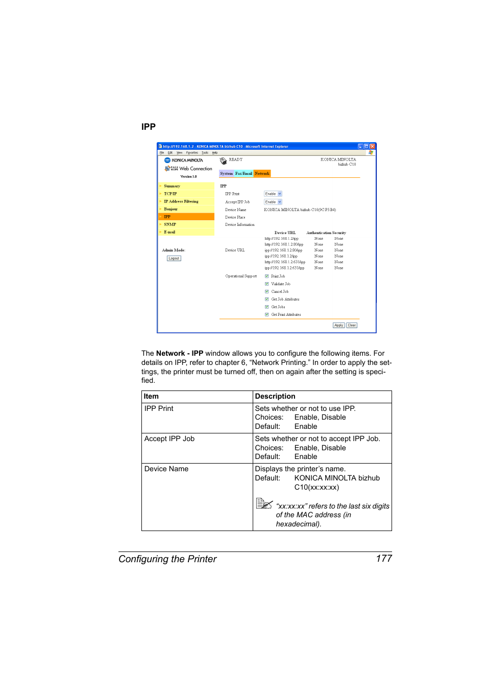 Ipp 177, Configuring the printer 177 | Konica Minolta bizhub C10X User Manual | Page 187 / 198