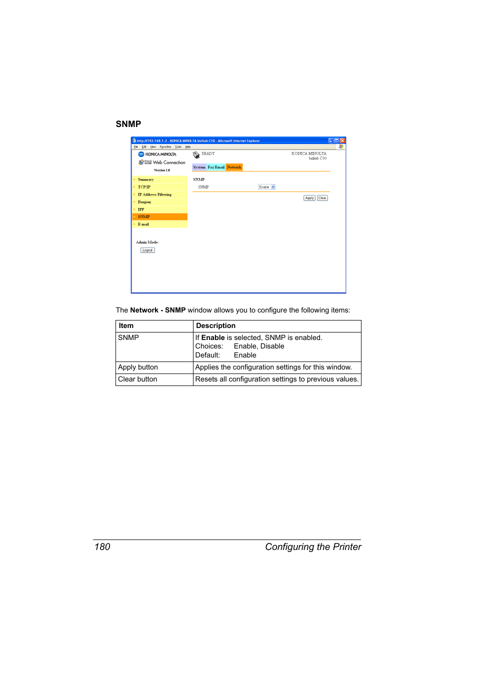 Snmp, Snmp 180, Configuring the printer 180 | Konica Minolta bizhub C10X User Manual | Page 190 / 198