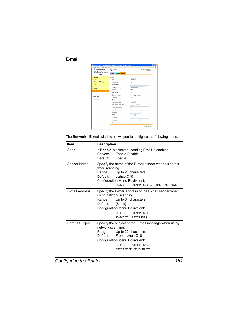 E-mail, E-mail 181, Configuring the printer 181 | Konica Minolta bizhub C10X User Manual | Page 191 / 198