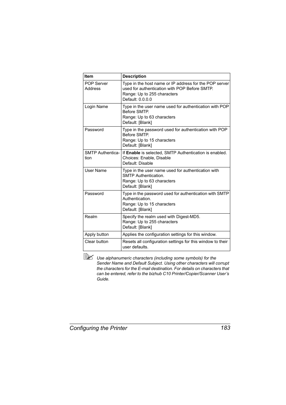 Configuring the printer 183 | Konica Minolta bizhub C10X User Manual | Page 193 / 198