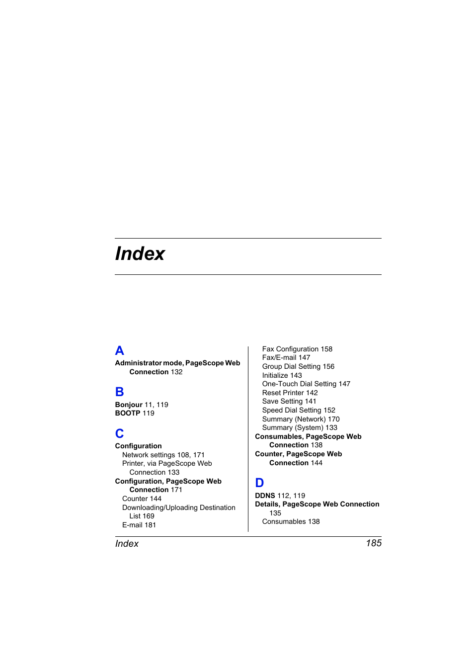 Index, A to d | Konica Minolta bizhub C10X User Manual | Page 195 / 198