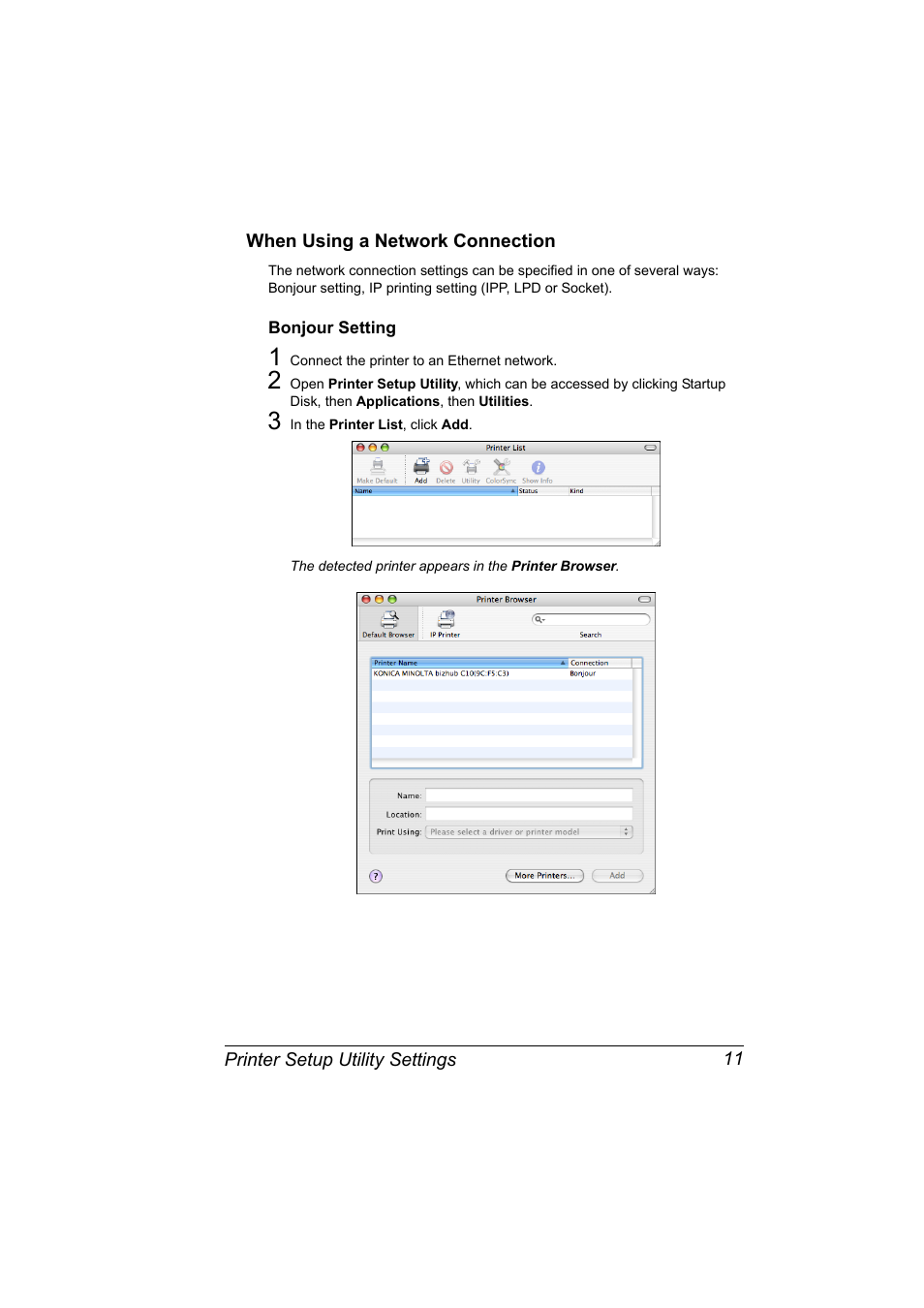 When using a network connection, Bonjour setting, When using a network connection 11 | Bonjour setting 11 | Konica Minolta bizhub C10X User Manual | Page 21 / 198