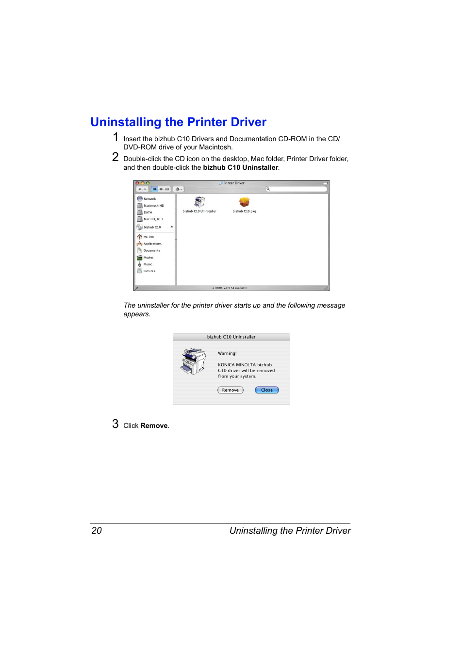Uninstalling the printer driver, Uninstalling the printer driver 20, Uninstalling the printer driver 1 | Konica Minolta bizhub C10X User Manual | Page 30 / 198