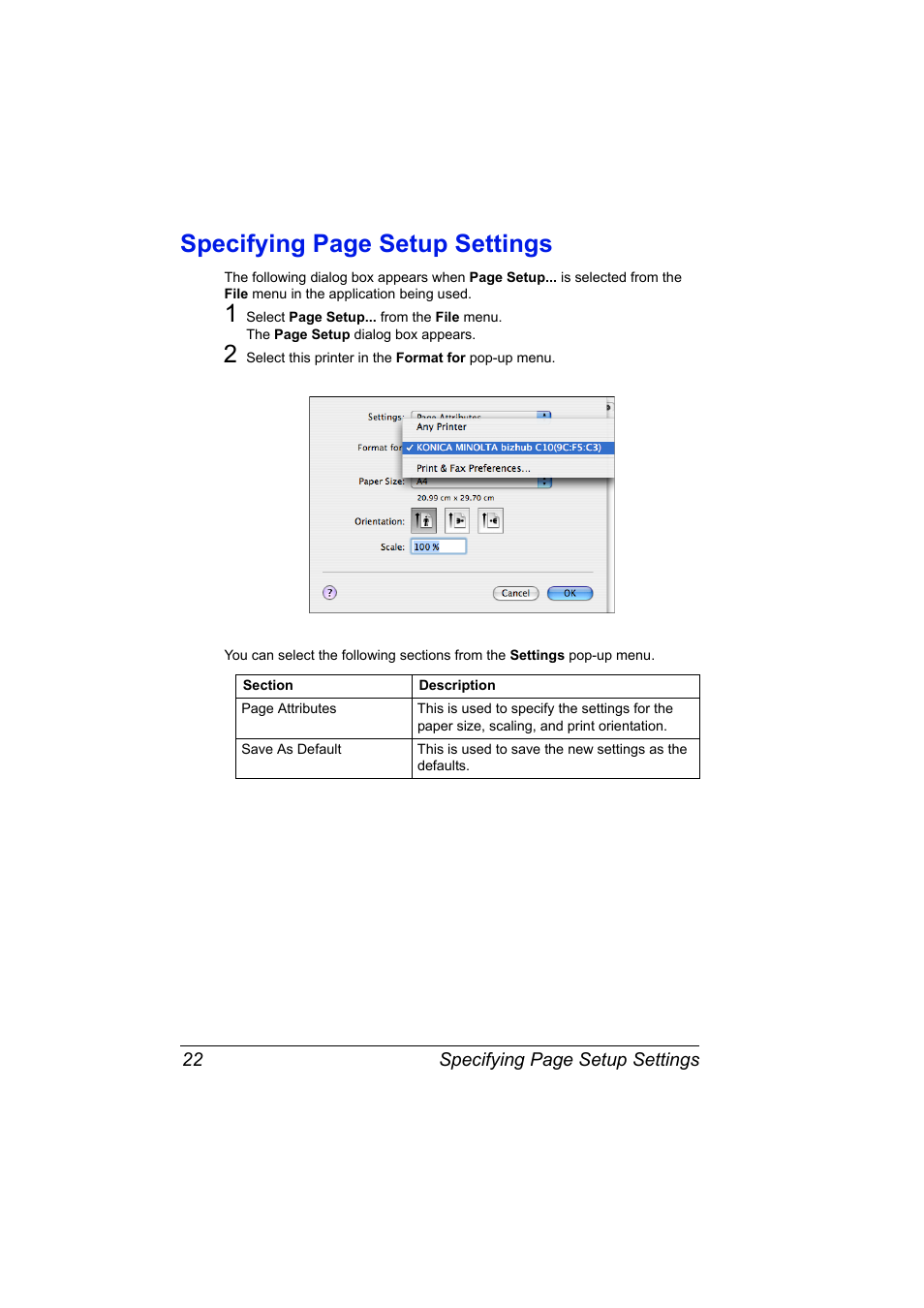 Specifying page setup settings | Konica Minolta bizhub C10X User Manual | Page 32 / 198