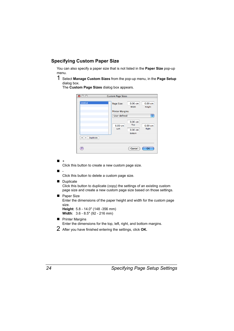 Specifying custom paper size, Specifying custom paper size 24 | Konica Minolta bizhub C10X User Manual | Page 34 / 198