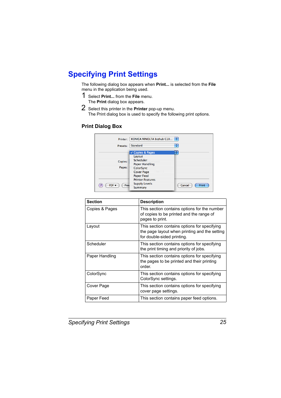 Specifying print settings, Print dialog box, Specifying print settings 25 | Print dialog box 25 | Konica Minolta bizhub C10X User Manual | Page 35 / 198