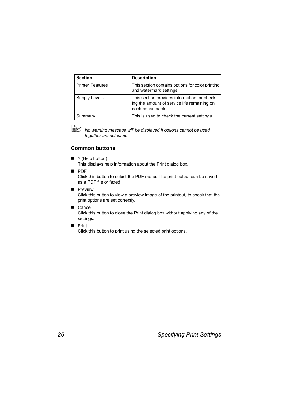 Common buttons, Common buttons 26, Specifying print settings 26 | Konica Minolta bizhub C10X User Manual | Page 36 / 198