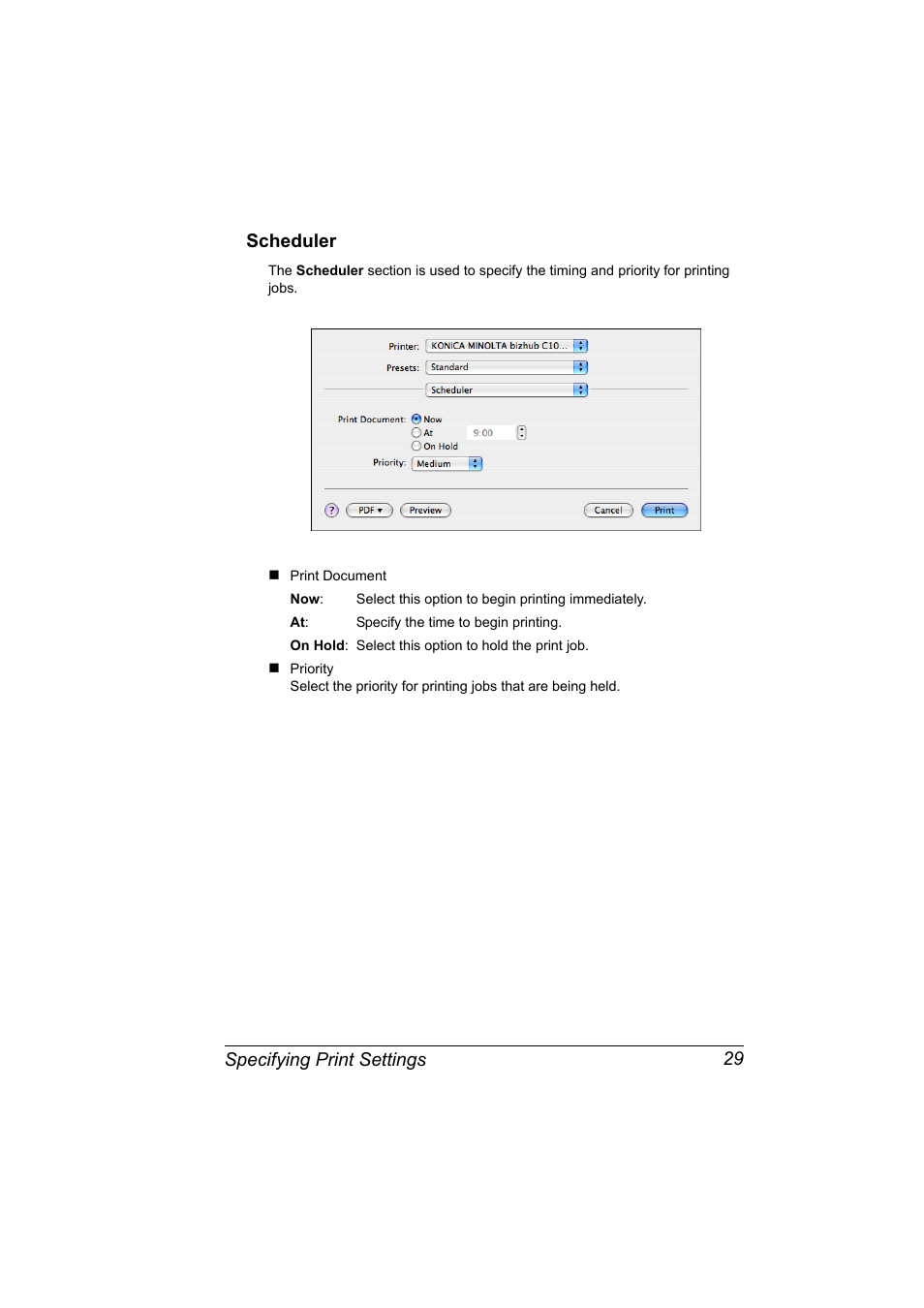 Scheduler, Scheduler 29, Specifying print settings 29 scheduler | Konica Minolta bizhub C10X User Manual | Page 39 / 198