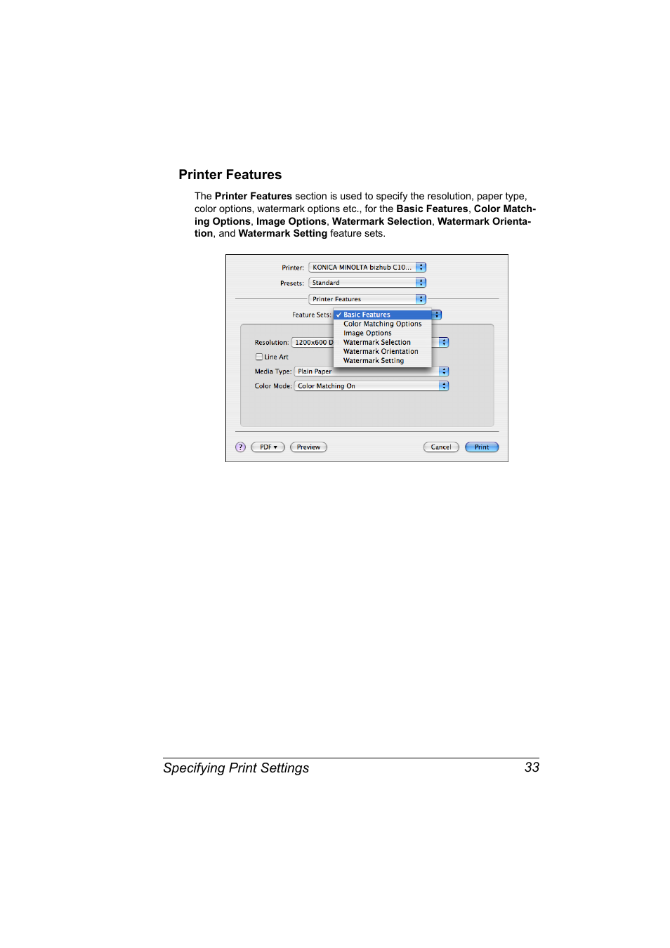 Printer features, Printer features 33 | Konica Minolta bizhub C10X User Manual | Page 43 / 198