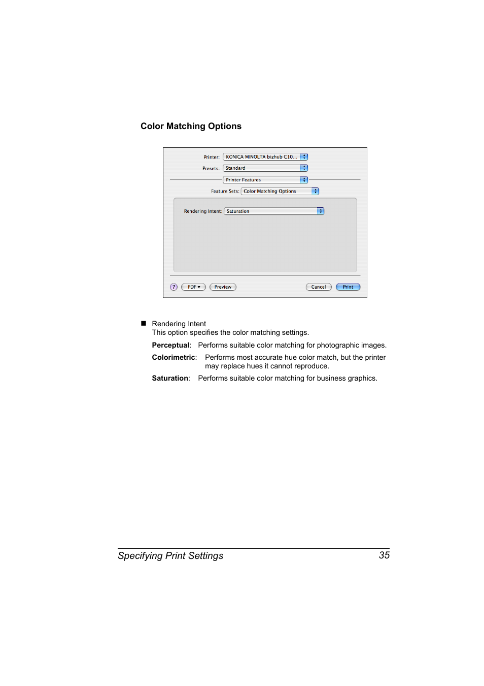 Color matching options, Color matching options 35 | Konica Minolta bizhub C10X User Manual | Page 45 / 198