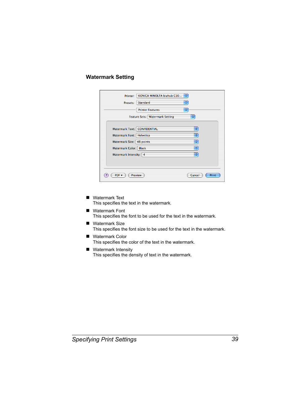 Watermark setting, Watermark setting 39, Specifying print settings 39 | Konica Minolta bizhub C10X User Manual | Page 49 / 198