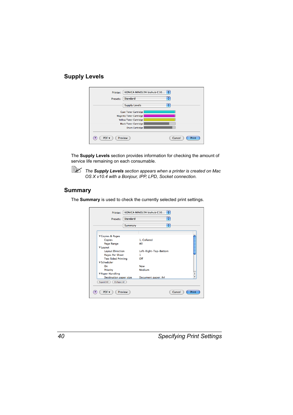 Supply levels, Summary, Supply levels 40 summary 40 | Konica Minolta bizhub C10X User Manual | Page 50 / 198