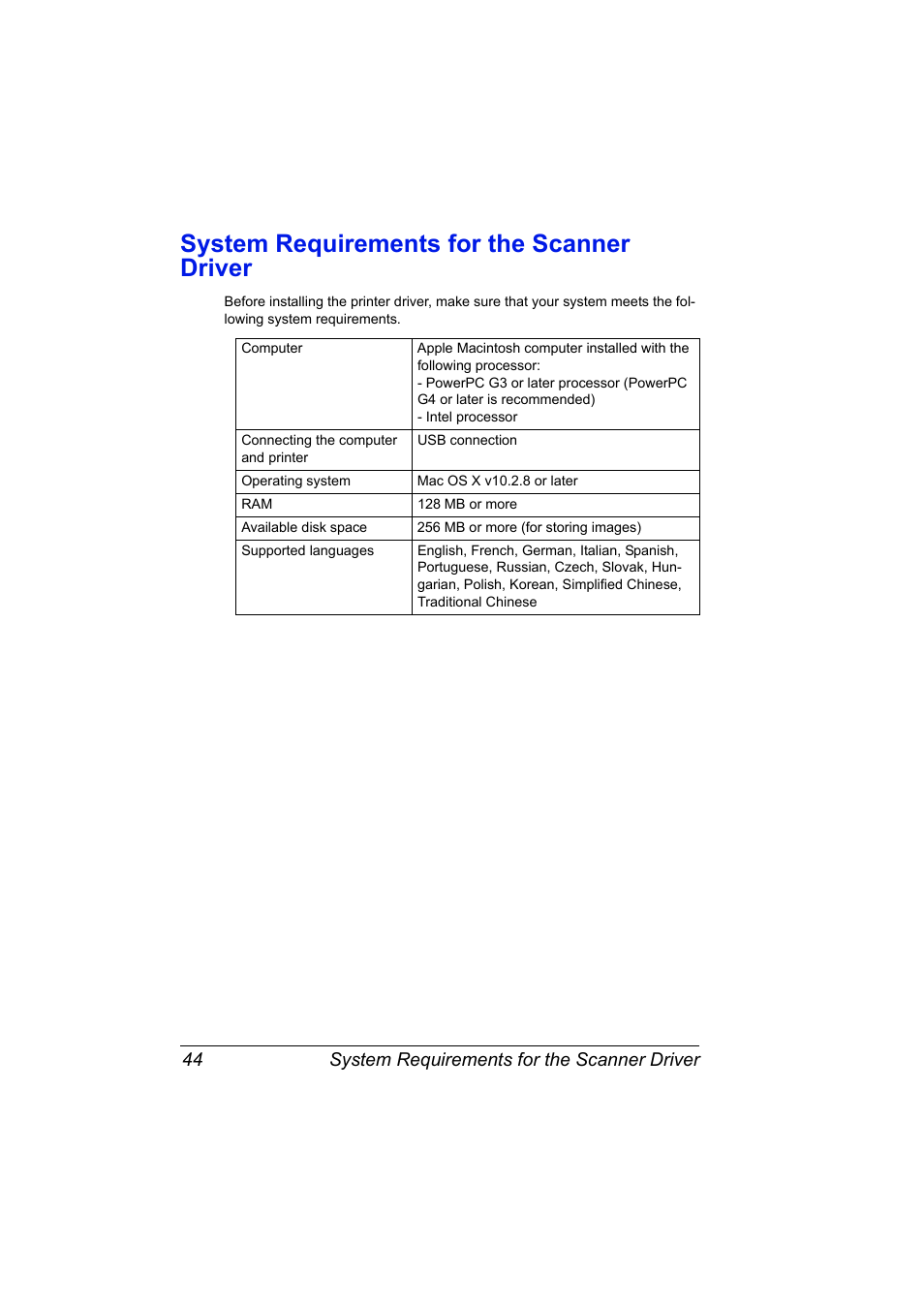 System requirements for the scanner driver, System requirements for the scanner driver 44 | Konica Minolta bizhub C10X User Manual | Page 54 / 198