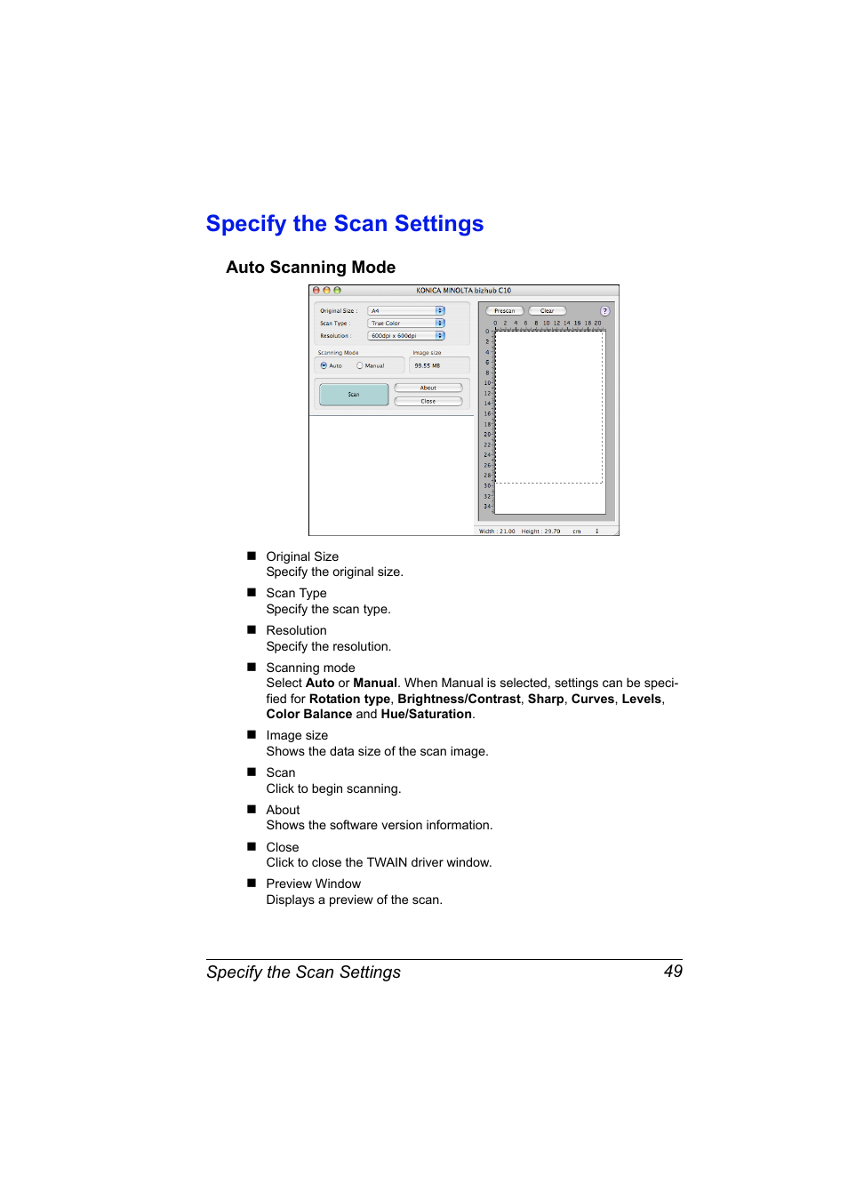 Specify the scan settings, Auto scanning mode, Specify the scan settings 49 | Auto scanning mode 49 | Konica Minolta bizhub C10X User Manual | Page 59 / 198