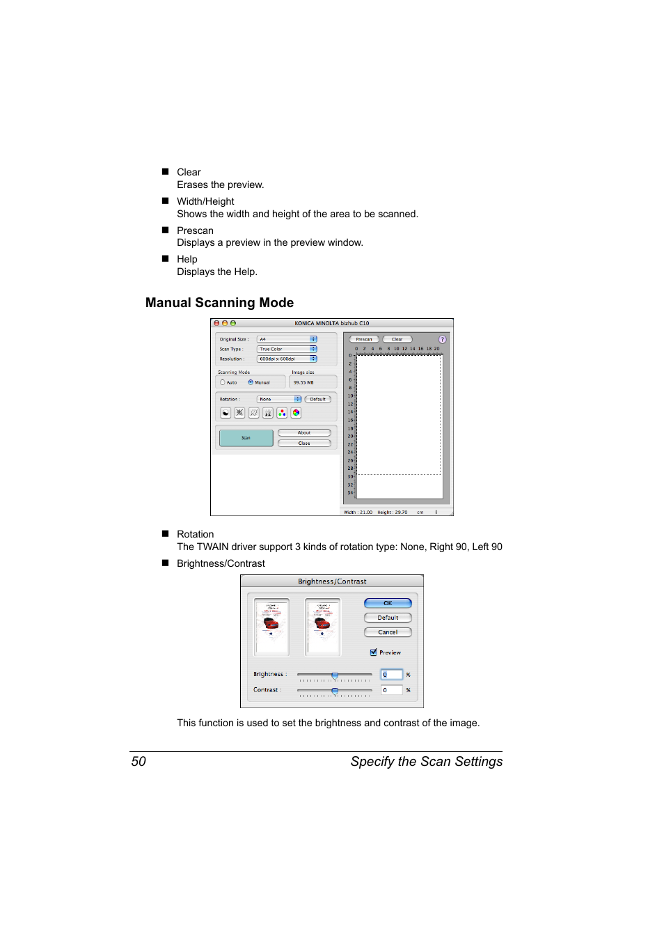 Manual scanning mode, Manual scanning mode 50, Specify the scan settings 50 | Konica Minolta bizhub C10X User Manual | Page 60 / 198