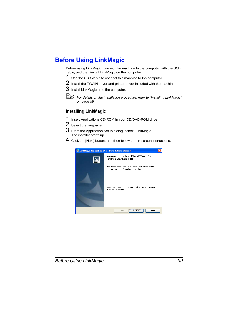 Before using linkmagic, Installing linkmagic, Before using linkmagic 59 | Installing linkmagic 59 | Konica Minolta bizhub C10X User Manual | Page 69 / 198