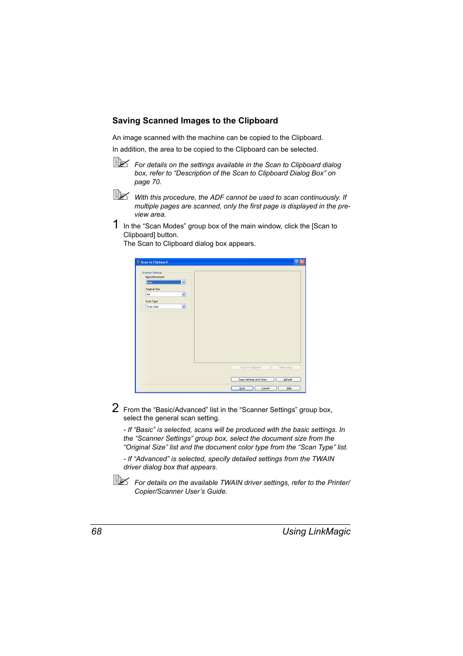 Saving scanned images to the clipboard, Saving scanned images to the clipboard 68 | Konica Minolta bizhub C10X User Manual | Page 78 / 198