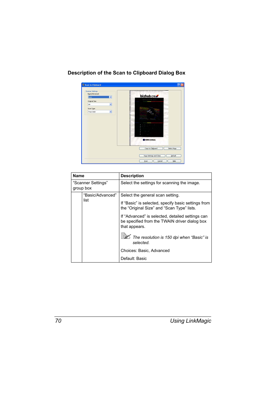 Description of the scan to clipboard dialog box, Description of the scan to clipboard dialog box 70 | Konica Minolta bizhub C10X User Manual | Page 80 / 198