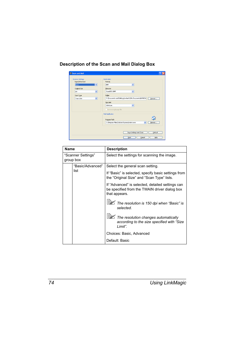 Description of the scan and mail dialog box, Description of the scan and mail dialog box 74 | Konica Minolta bizhub C10X User Manual | Page 84 / 198