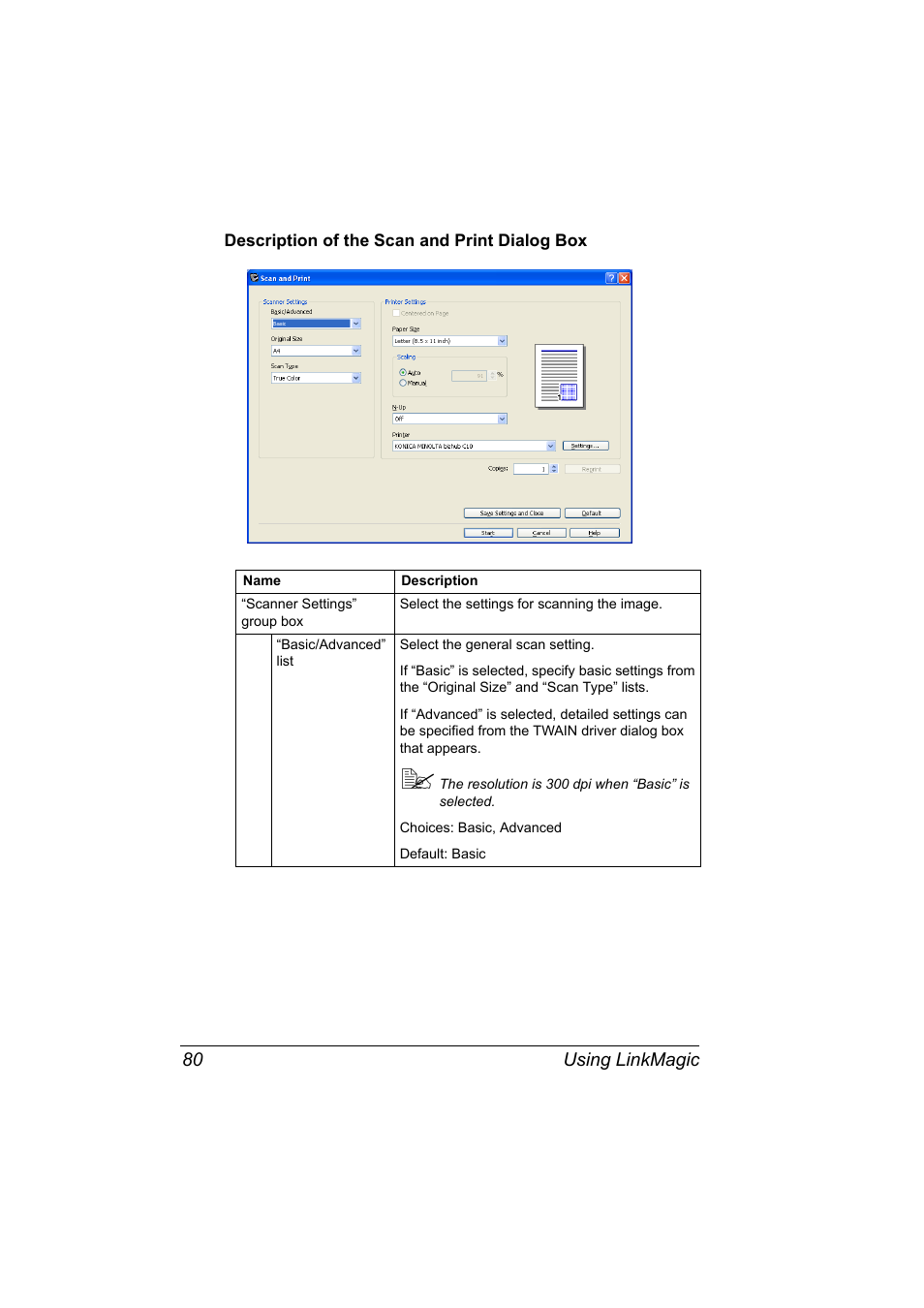 Description of the scan and print dialog box, Description of the scan and print dialog box 80 | Konica Minolta bizhub C10X User Manual | Page 90 / 198