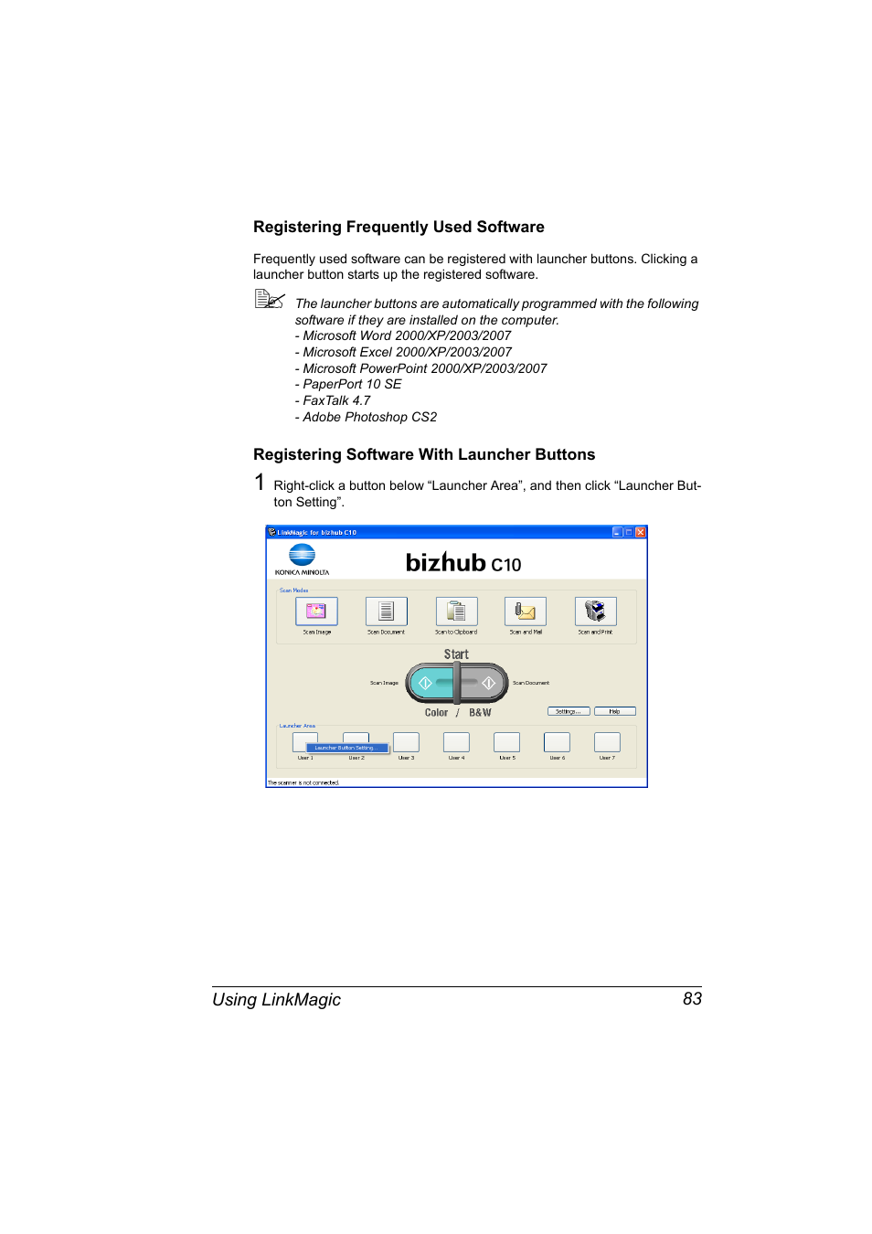 Registering frequently used software, Registering software with launcher buttons | Konica Minolta bizhub C10X User Manual | Page 93 / 198