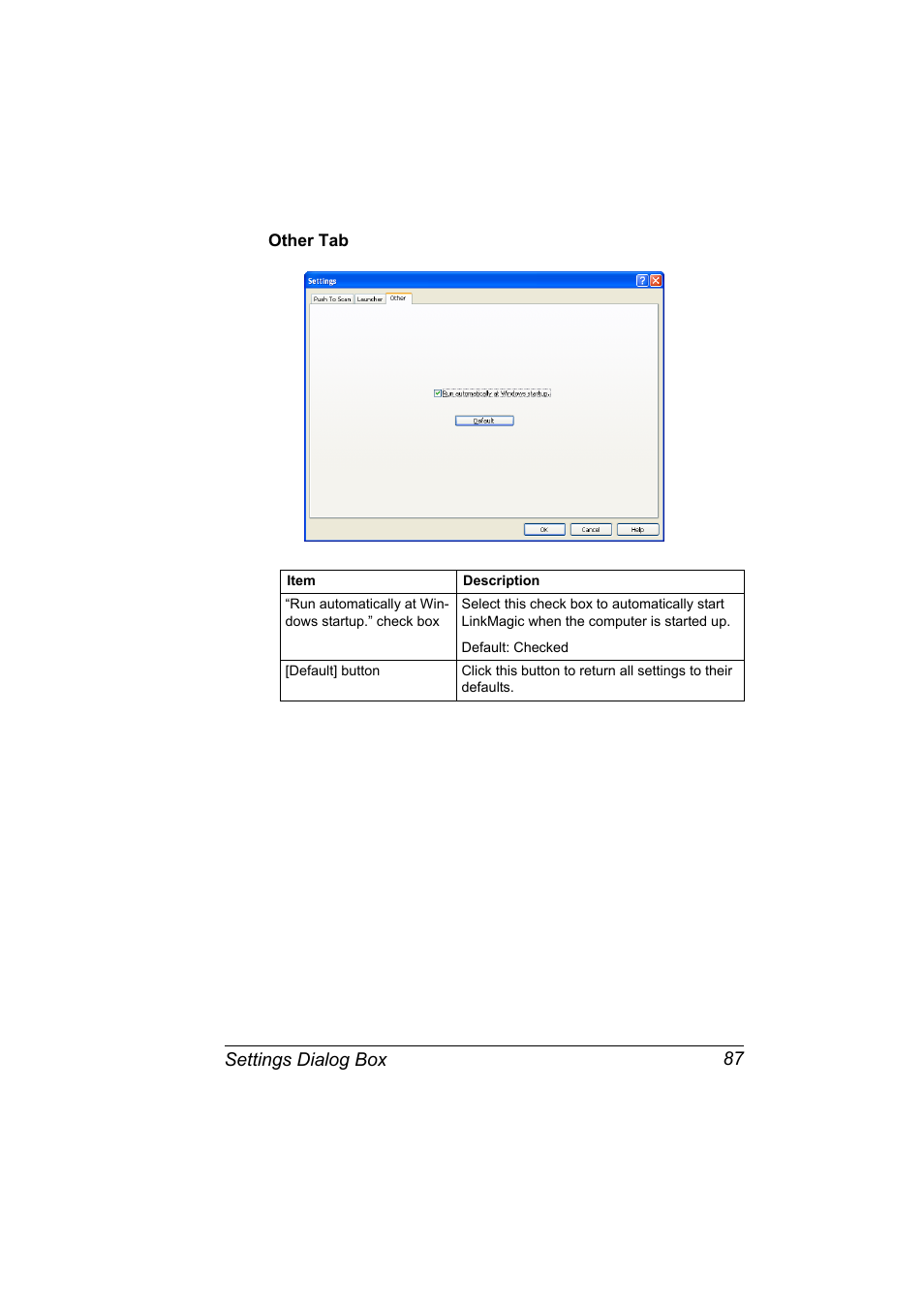 Other tab, Other tab 87, Settings dialog box 87 | Konica Minolta bizhub C10X User Manual | Page 97 / 198