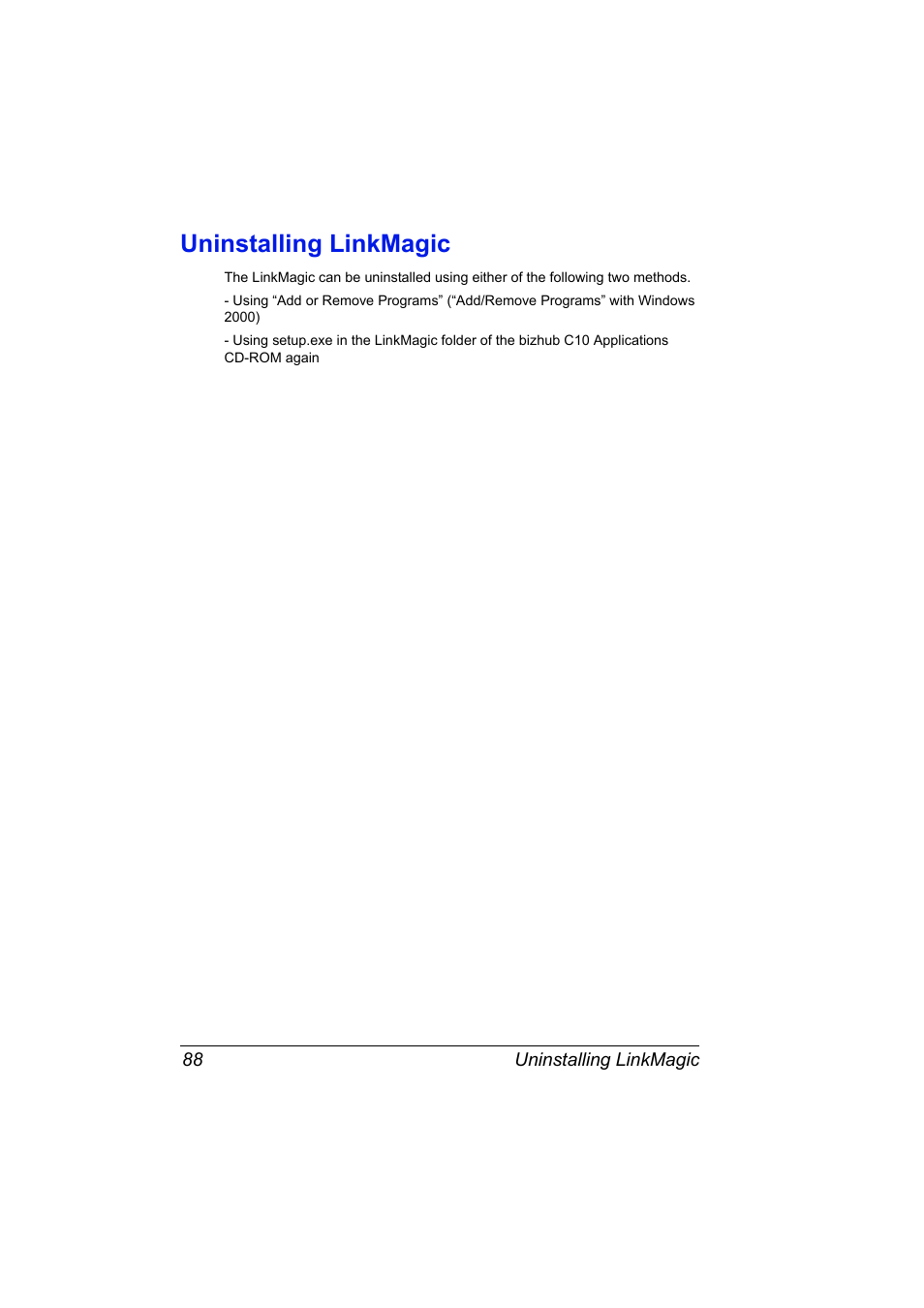 Uninstalling linkmagic, Uninstalling linkmagic 88 | Konica Minolta bizhub C10X User Manual | Page 98 / 198