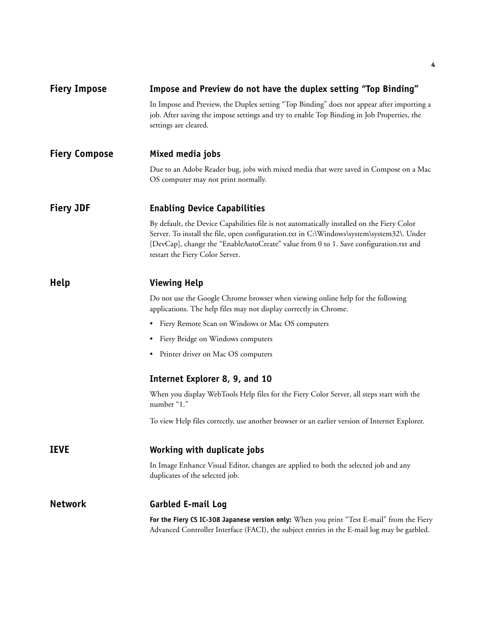 Fiery impose, Fiery compose, Mixed media jobs | Fiery jdf, Enabling device capabilities, Help, Viewing help, Internet explorer 8, 9, and 10, Ieve, Working with duplicate jobs | Konica Minolta bizhub PRESS C1060 User Manual | Page 4 / 9