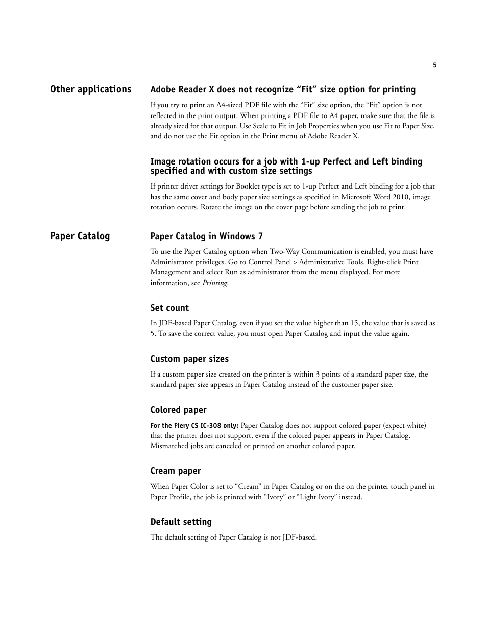 Other applications, Paper catalog, Paper catalog in windows 7 | Set count, Custom paper sizes, Colored paper, Cream paper, Default setting | Konica Minolta bizhub PRESS C1060 User Manual | Page 5 / 9